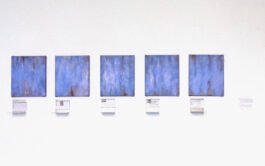 Oil on Linen abstract paintings and galvanised steel sculpture; lilac over rust layered movement, computer text and magnets on angles, repeating system. 