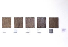Oil on Linen abstract paintings and galvanised steel sculpture; mud green residual movement, magnets on angles, repeating system. 