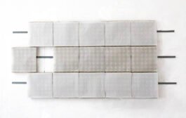 Paper and steel sculpture; translucent movable screen modules with no image, supported on eggshell containers, magnets, steel, computational inference.