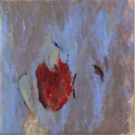 Oil on Linen abstract painting; red heart and emerging figuration in raw grey and lilac layers, pulsation in a dissolved system. 